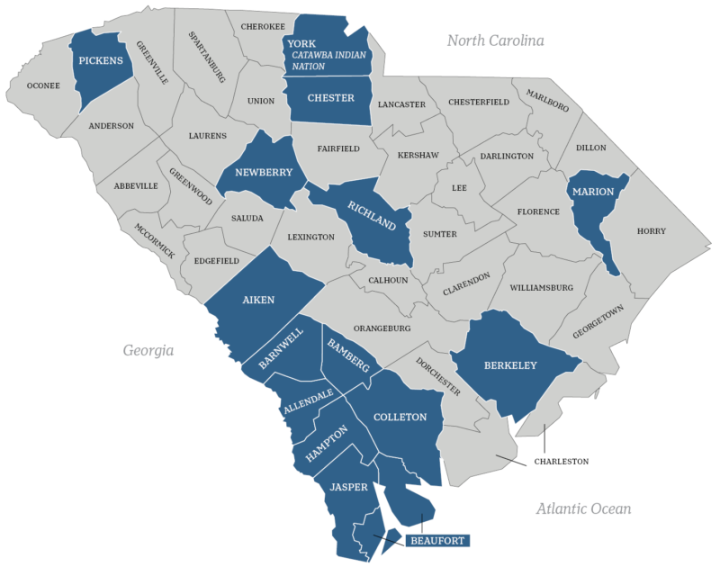 Map of South Carolina with counties colored in dark blue if served by The Art of Community: Rural SC program.