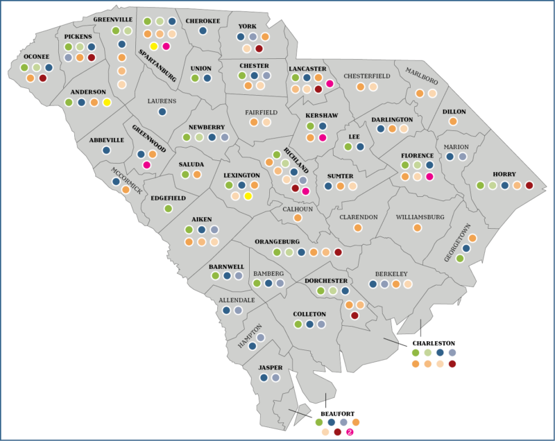 Map of South Carolina with colored dots to show what grants and associated programs are at work in which counties.