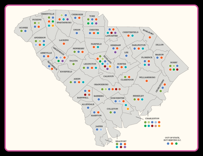 Map of SC with colored dots in counties where SCAC grants and programs were active in fiscal year 2023.