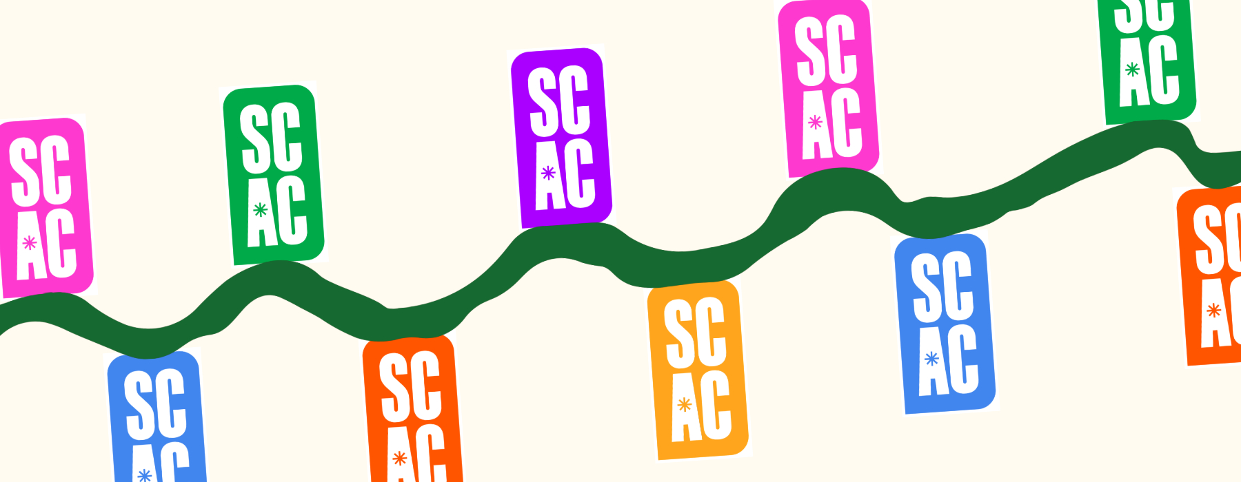 A playful decorative image of the SCAC acronym lockup in multiple colors along a wavy, dark green line to resemble a string of Christmas lights.