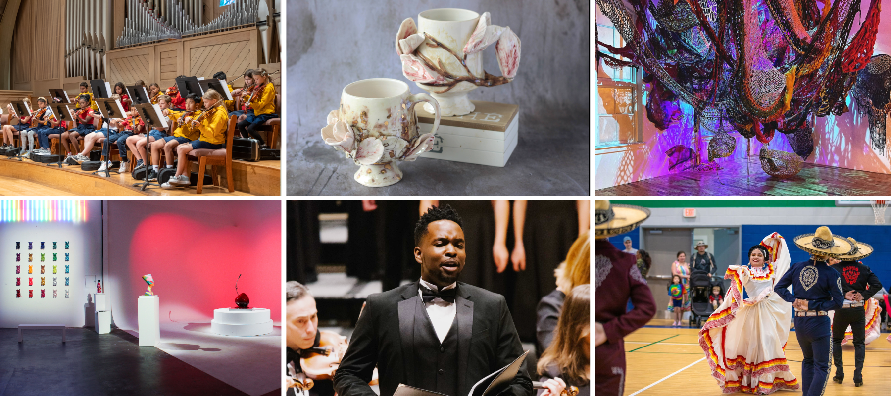 Decorative image, a collage of SCAC grant-funded artists and artworks.