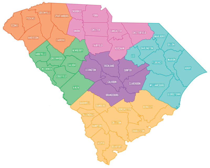 A map of South Carolina with counties highlighted in color by their hub region.
