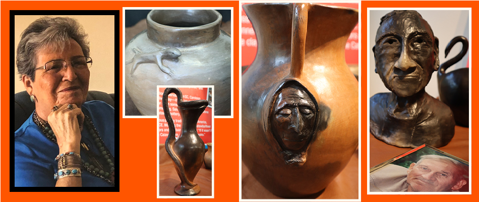 A collage including the headshot of Caroleen Sanders and four of her pottery works: a sculpture of a man's head, two tall pitchers, and a bowl.