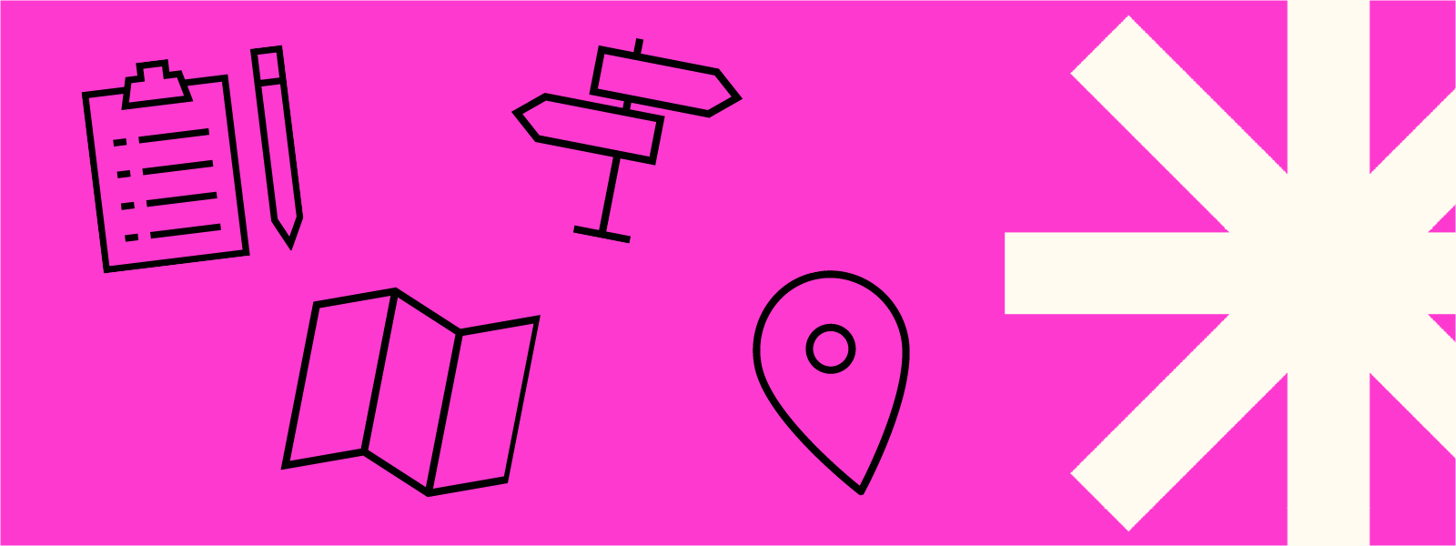 Graphic with travel-related icons in black and the SCAC asterisk in cream over an electric pink background.