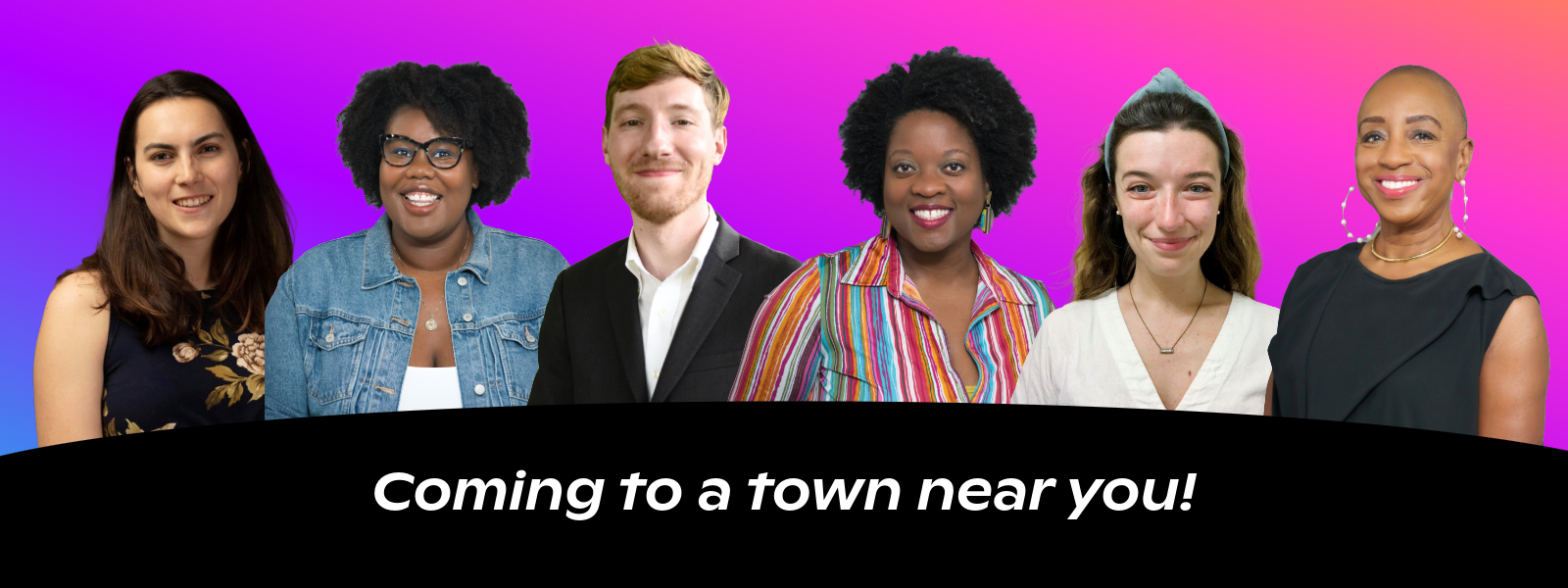 Graphic of headshots of SCAC staff appearing on the tour with text that reads, Coming to a town near you!