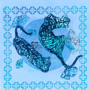 A square 2D illustrated artwork with two tigers from above.