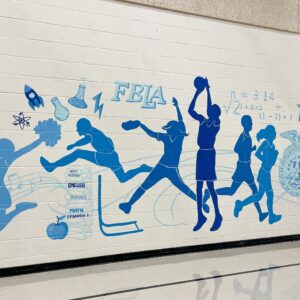 A mural on an school gym wall with silhouettes of athletes of different sports.