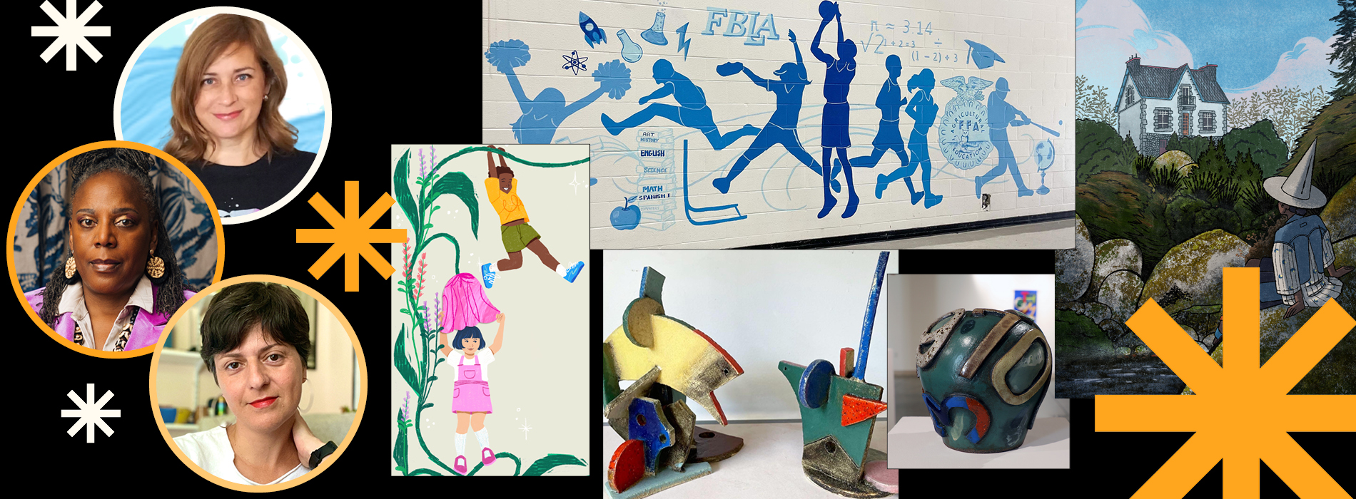 Collage of ABI grantee headshots and representative artworks.