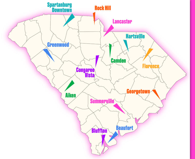 Map of South Carolina showing locations of the 13 S.C. Cultural Districts.