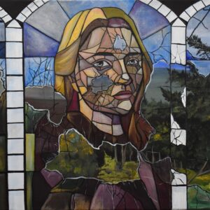 An acrylic painting on canvas depicting a blond person shown as in broken stained glass.