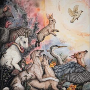 A detailed watercolor and gouache painting of many animals.