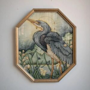 An octagonal watercolor, gouache, and ink painting of a large white bird.