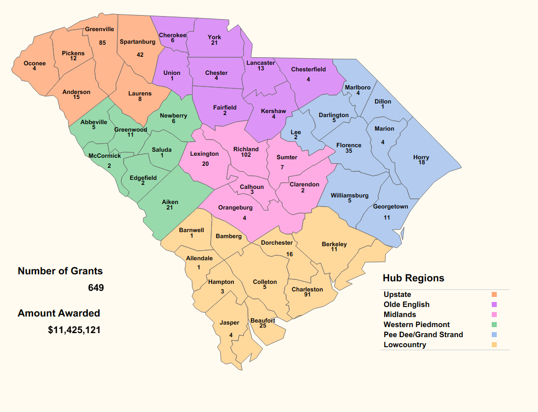 A map of South Carolina with all 46 counties and text with their names and how many grants were in each.