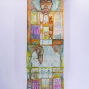 Tall painting in pastels. Fabric dye and paint on hand-dyed cotton fabric.