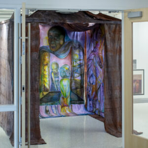 Installation painting mimicking a room. Fabric paint on hand-dyed fabric.