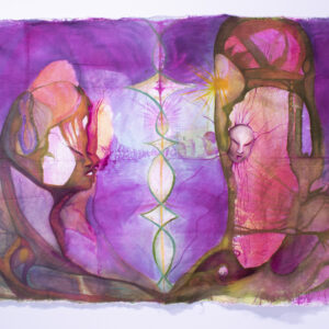 Painting in bright purple and red shades. Fabric paint on hand-dyed fabric.