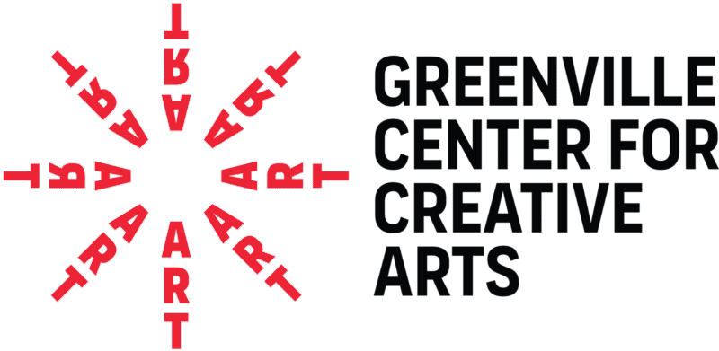 Logo for Greenville Center for Creative Arts. "Art" repeated in red block letters, forming a sunburst.