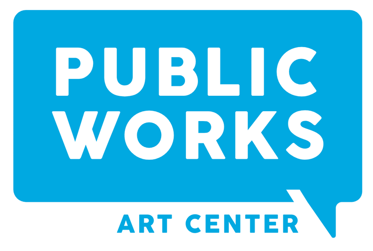 Logo for Public Works Art Center, in blue and white. Public Works is in a speech bubble.