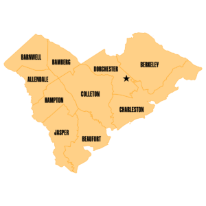 Yellow map showing South Carolina counties of Allendale, Bamberg, Barnwell, Beaufort, Berkeley, Charleston, Colleton, Dorchester, Hampton, and Jasper, with a star in Dorchester County.
