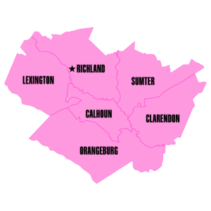 Pink map showing South Carolina counties of Calhoun, Clarendon, Lexington, Orangeburg, Richland, and Sumter, with a star in Richland County.