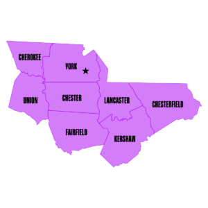 Purple map showing South Carolina counties of Cherokee, Chester, Chesterfield, Fairfield, Kershaw, Lancaster, Union, and York, with a star in York County.