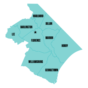 Teal map showing South Carolina counties of Darlington, Dillon, Florence, Georgetown, Horry, Lee, Marion, Marlboro, and Williamsburg, with a star in Florence County.