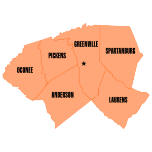 Orange map showing South Carolina counties of Anderson, Greenville, Laurens, Oconee, Pickens, and Spartanburg, with a star in Greenville County.